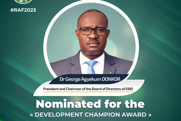 The President and Chairman of the Board of Directors of ECOWAS Bank for Investment and Development (EBID), Dr George Agyekum Donkor, has been nominated for yet another international honour- the Development  Champion Award by the Rebranding Africa Forum. The award will be presented during a special ceremony in Brussels, Belgium, as part of the 9th Edition of the forum in October 2023.