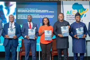 Speakers at the launch of African Development Bank Group's report on Benchmark Macroeconomic Models for Effective Policy Management in Africa in Addis Ababa